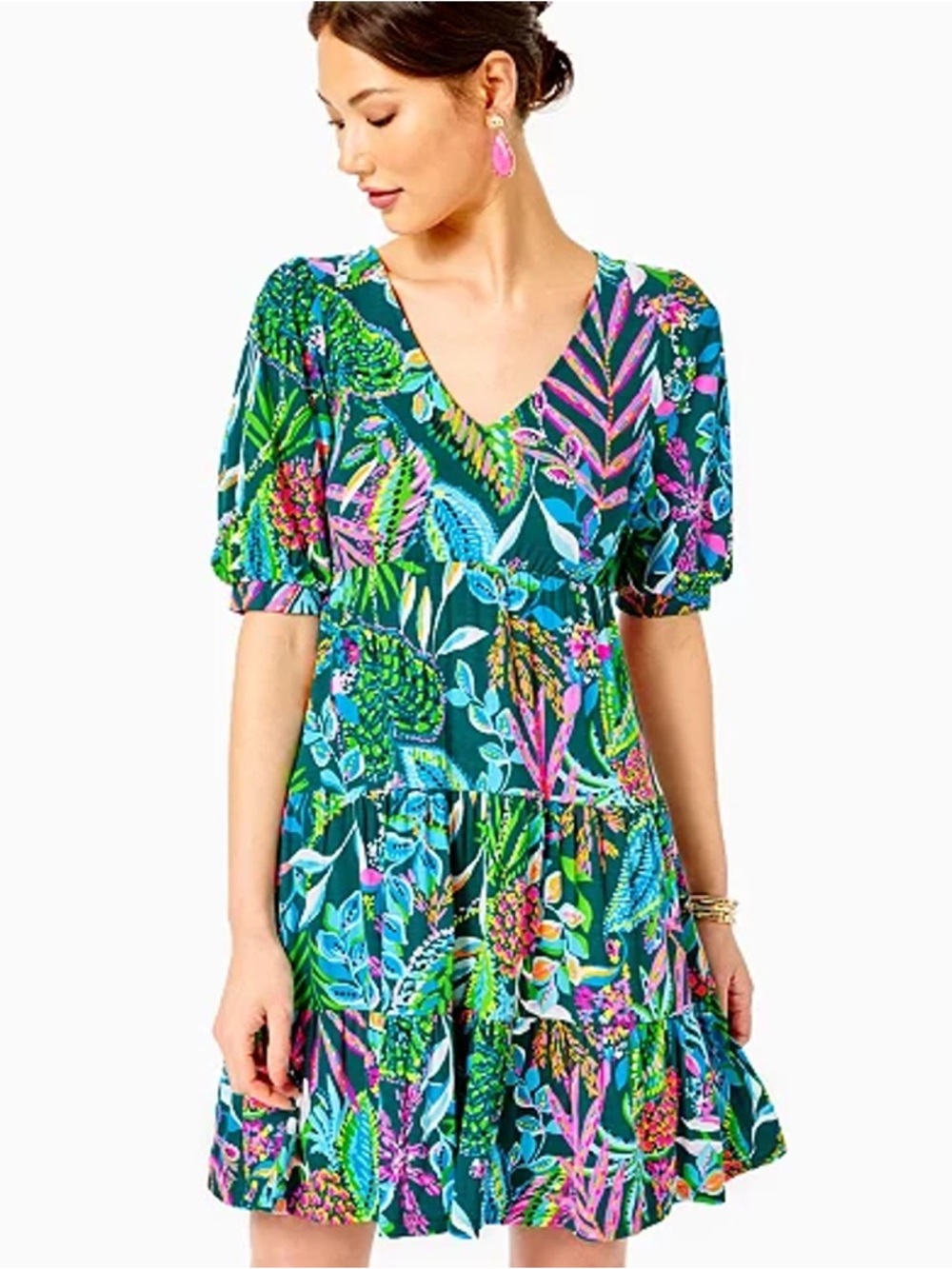 Lilly Pulitzer Chiara Teal, Pink and Blue Patterned Tiered Short Sleeve Dress
